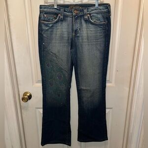 HIPPIE Women’s Peacock Feather On Leg Embellishments Denim Jeans. Waist 32.